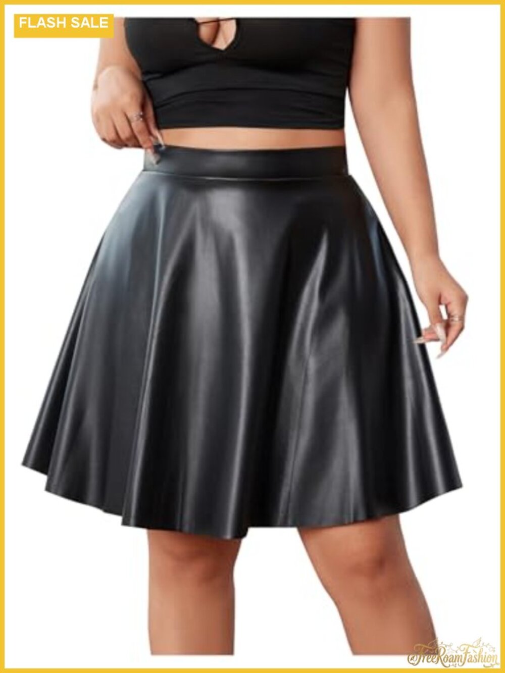 Plus Size High Waist PU Leather A-Line Flared Mini Skirt